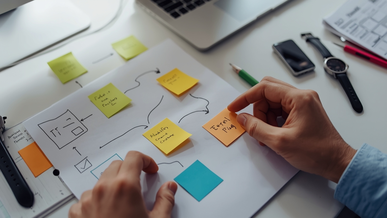 Workflow fotorealista de triagem classificando leads e disparando próxima ação com responsável e prazo