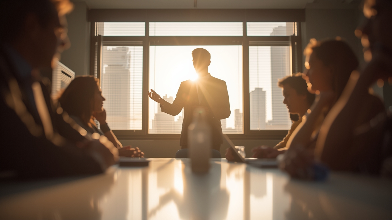 Gerente comercial de imobiliária em reunião de sexta apontando padrão confirmado em gráfico durante conversa com o time