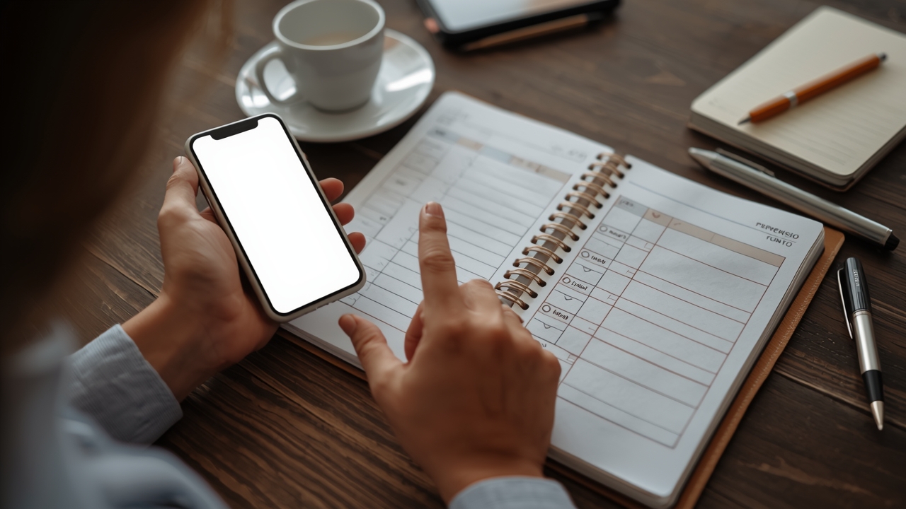 Pessoa em mesa com celular e planner de tarefas, simbolizando decisão do próximo passo por etapa no CRM