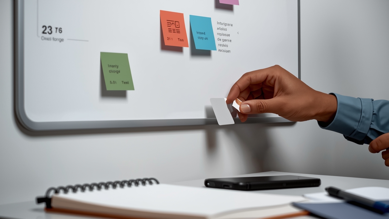 Mãos ajustando cartões em um quadro tipo kanban com etiquetas abstratas, representando requisitos por etapa no CRM