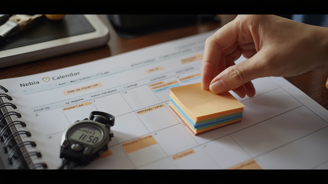 Tela de relógio digital e agenda com papel/etiquetas, representando janela de tempo e tarefa vinculada ao lead no CRM