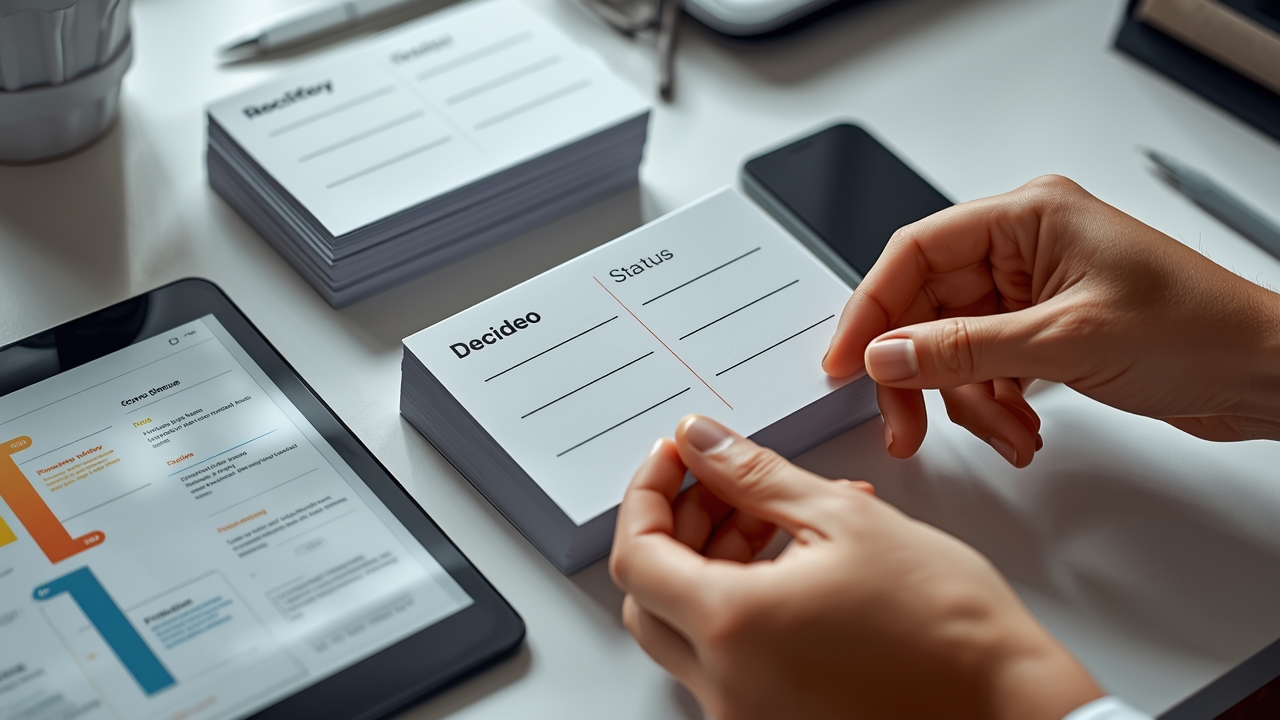 Mapa de workflow em estilo minimalista com cards divididos em 'decidido' e 'próximo passo' para CRM conversacional