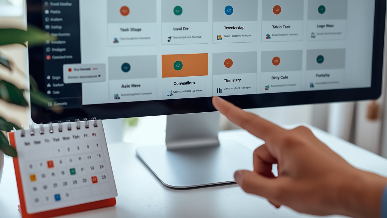 Workflow de CRM exibindo cards de status que disparam tarefas e lembretes automáticos, sem texto legível
