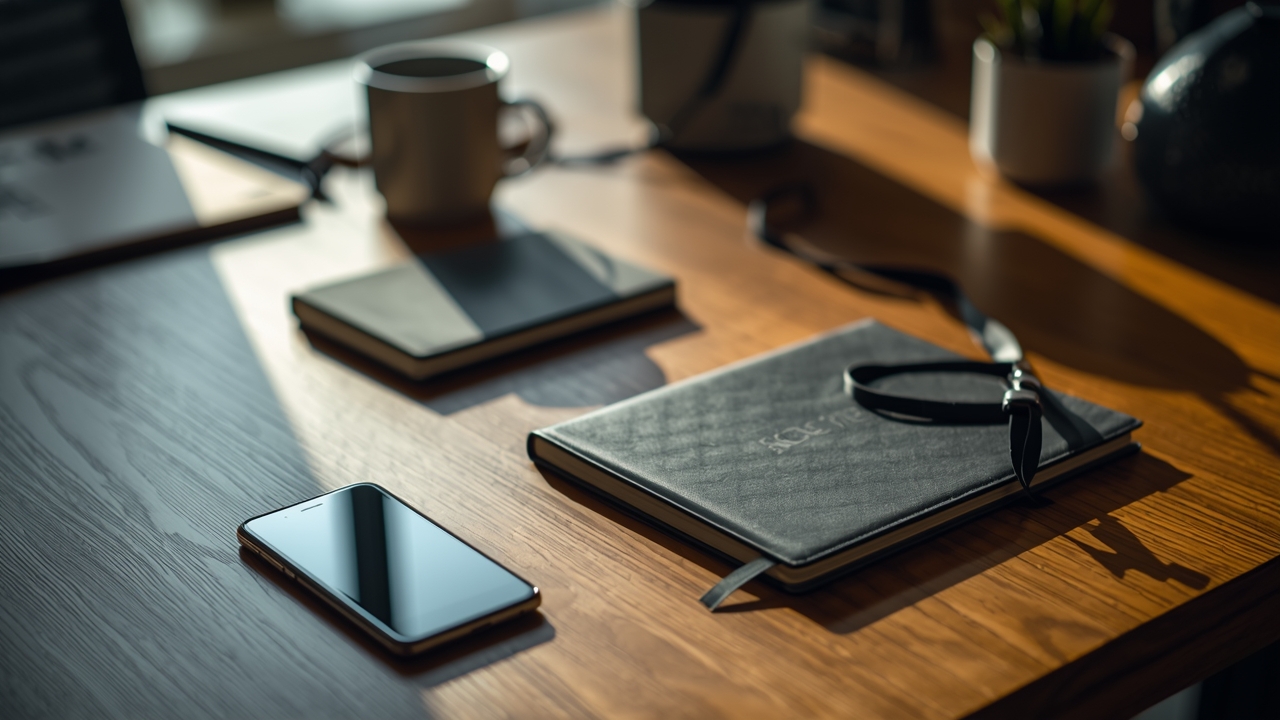 Mesa de trabalho vazia após a saída de um vendedor, com celular e caderno deixados para trás em escritório comercial