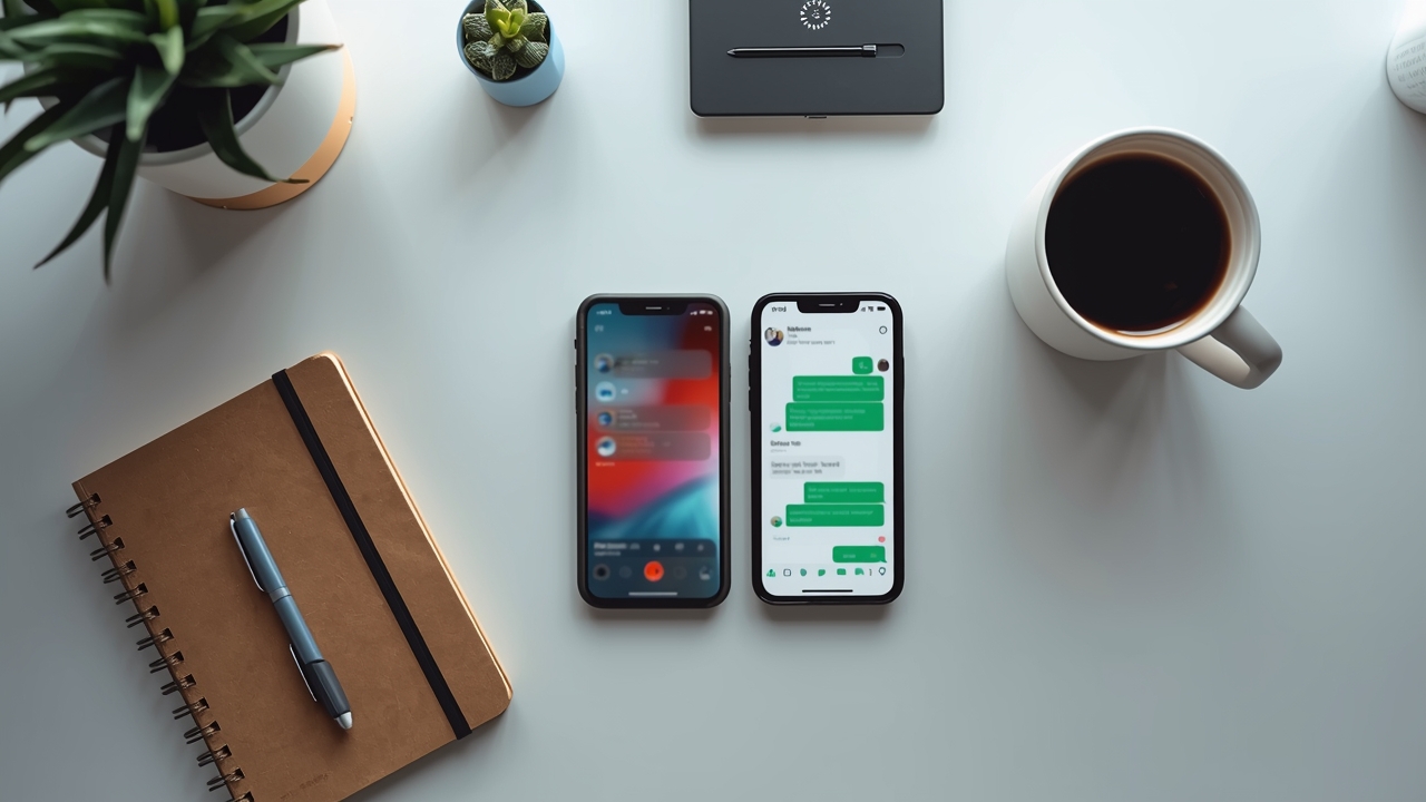 Dois smartphones sobre a mesa de atendimento, um com feed social e outro com conversa de mensagens, representando intenções不同