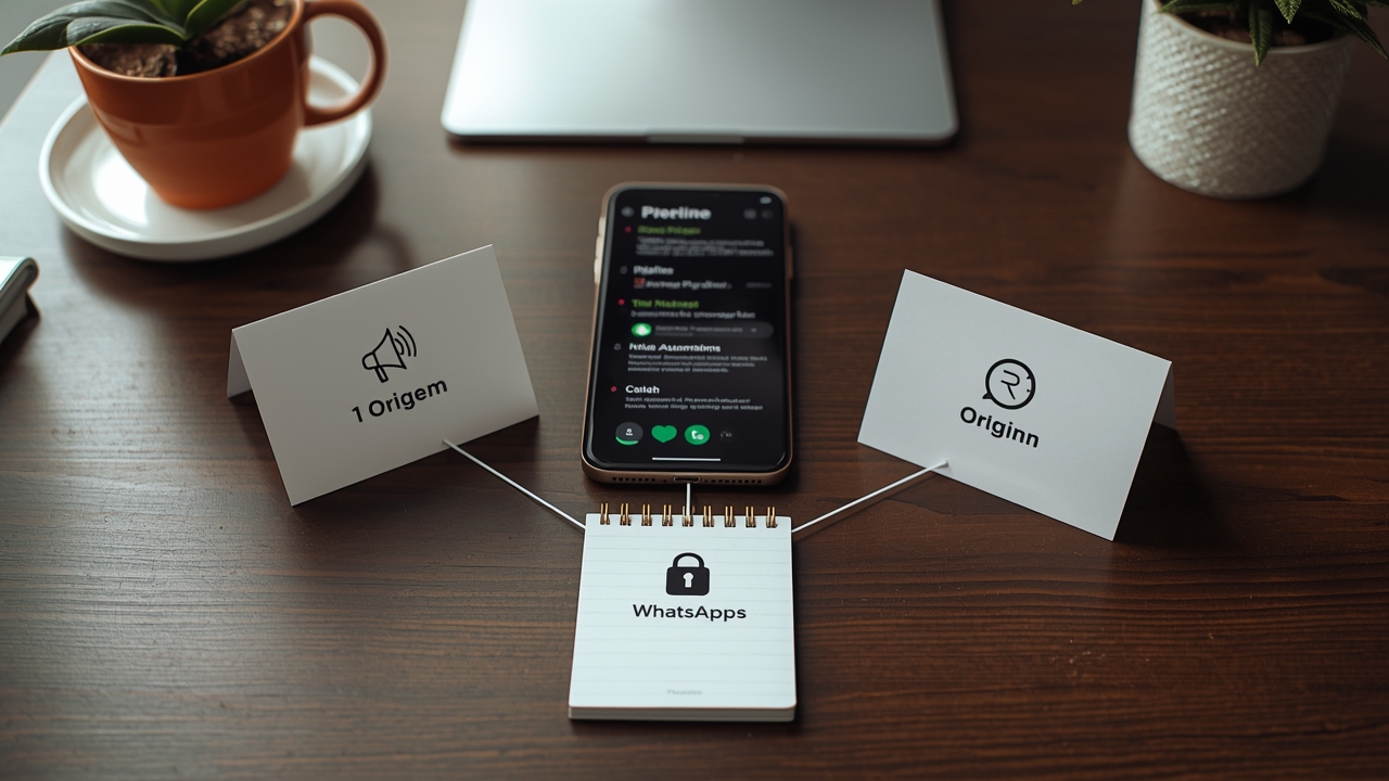 Cartões conectando origem, pipeline e automação travada em um funil visual para validar fluxo no WhatsApp