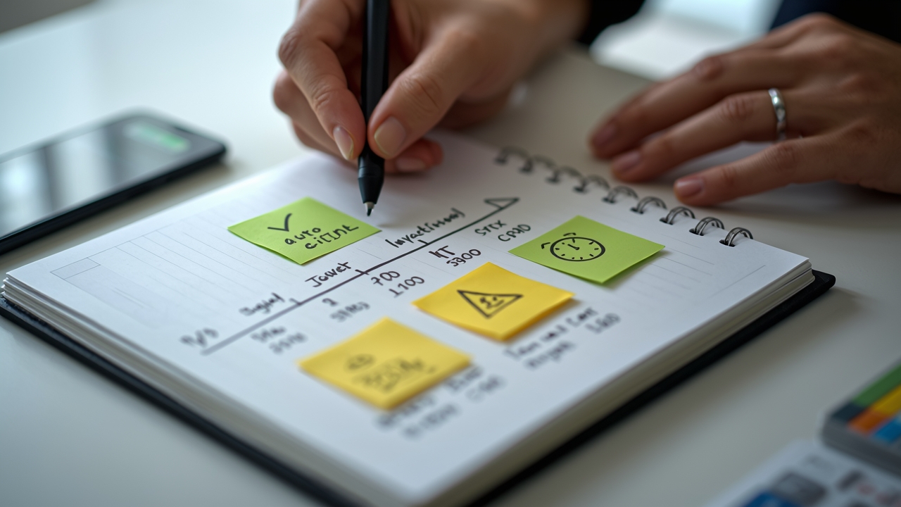 Caderno e post-its com trilha de ações representando rastreio de um lead travado no funil