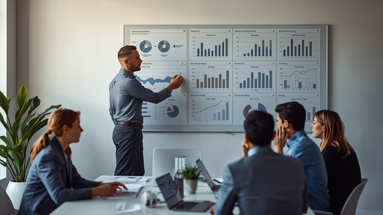 Gestor analisando gráficos e funil de vendas em painel enquanto equipe discute negociações paradas