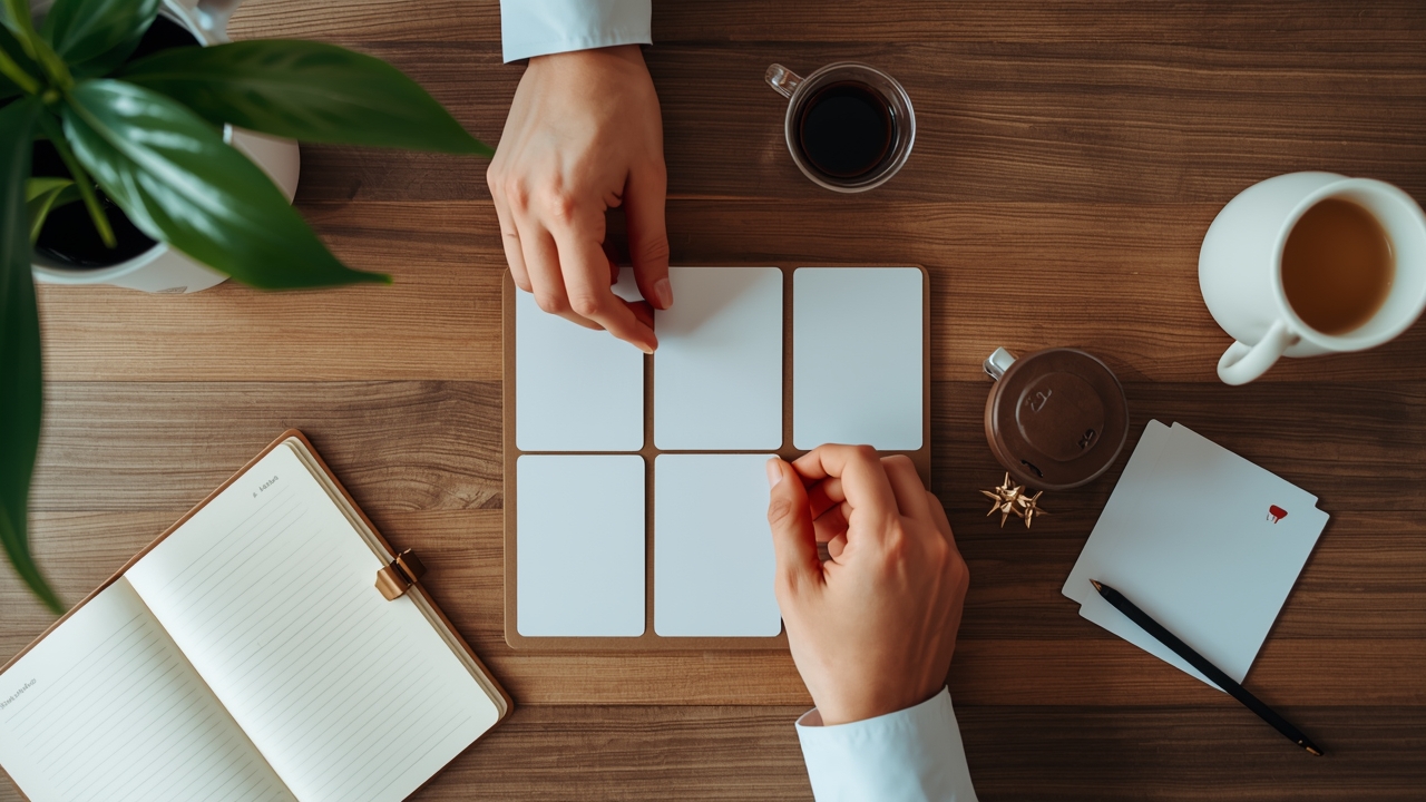 Pessoa reorganizando cartões de kanban sobre mesa de madeira com caderno e caneca, ambiente de trabalho calmo