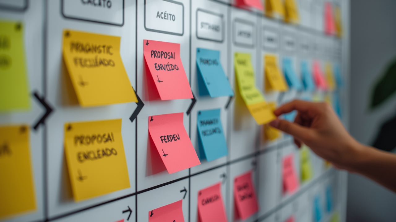 Kanban de fluxo de vendas com cartões em colunas de decisão e setas, representando status do lead
