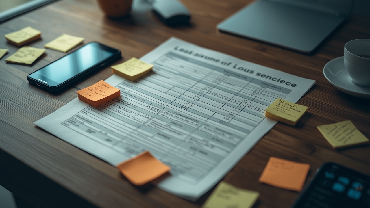 Planilha de leads impressa sobre mesa de trabalho com anotações manuais e marcas de revisão ao redor de algumas linhas destac