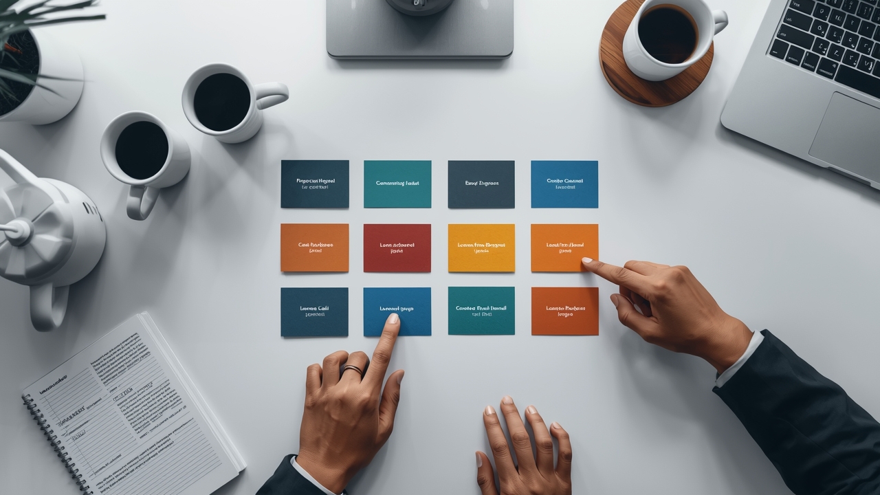 Mesa com cartões coloridos distribuídos entre pessoas simbolizando divisão clara de responsáveis por cada lead do time comerc