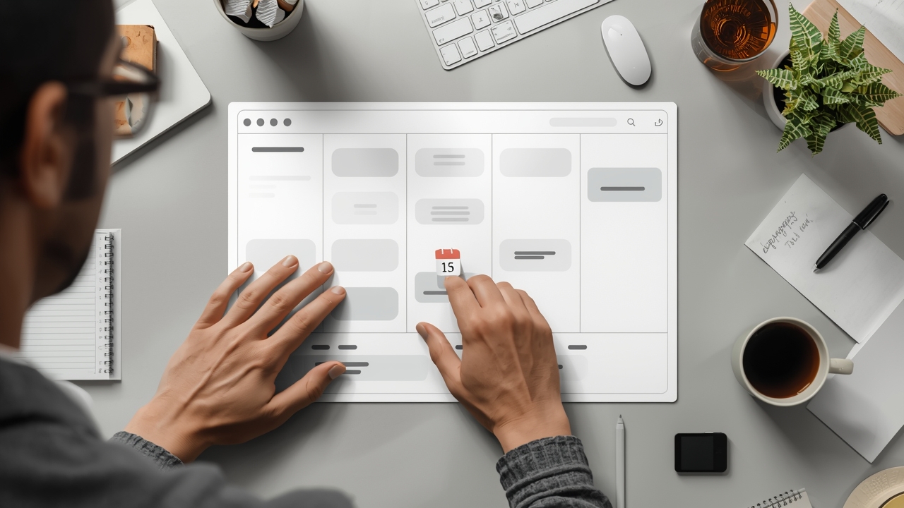 Ilustração minimalista de um funil kanban com cartões de leads pendentes e datas de próximo contato
