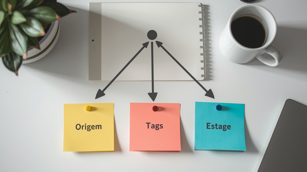 Três cartões coloridos conectados por setas representando origem, tags e estágio no fluxo do CRM conversacional