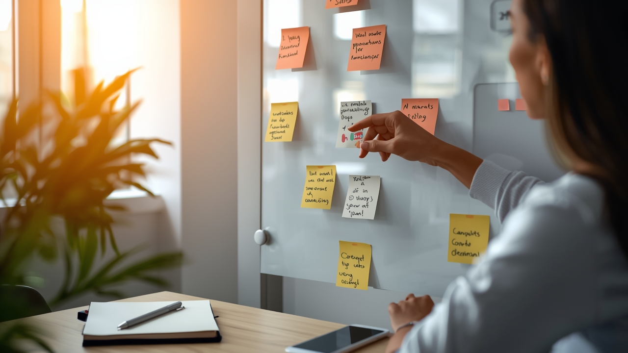 Pessoa analisa um quadro de kanban com cartões de conversa e estados para manter contexto entre tentativas