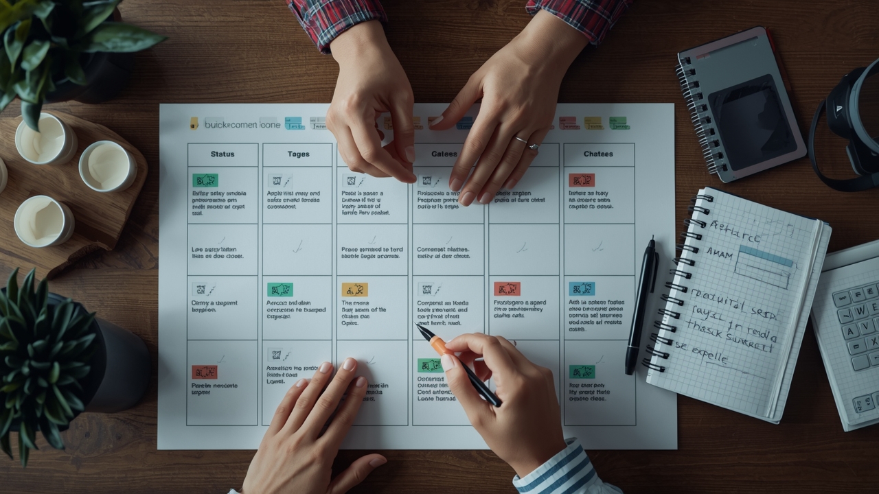 Cards de kanban com diferentes estados de leads, sugerindo status travado, tarefas pendentes e próxima ação no CRM conversal