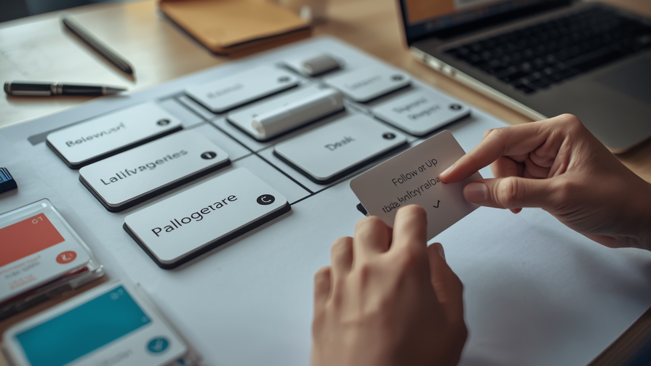 Fluxo de automação com cartões de lead atravessando etapas até virar tarefa de follow-up no CRM