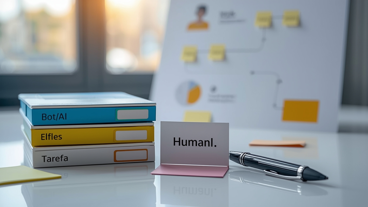 Fluxo de transferência para humano com tarefa e contexto representados por cards e anotações em mesa