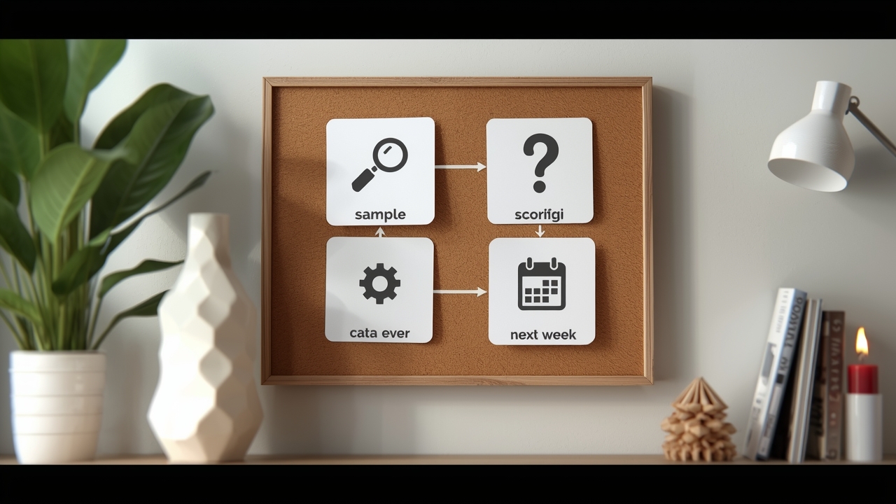 Workflow editorial em cards mostrando etapas de correção semanal: amostra, motivo, alavanca e acompanhamento