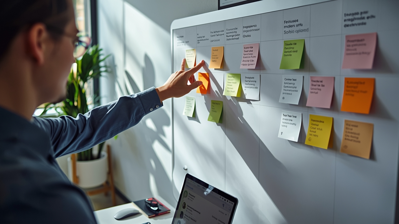 Equipe priorizando um kanban com cartas de leads e indicador de “próxima ação”, evitando fila invisível