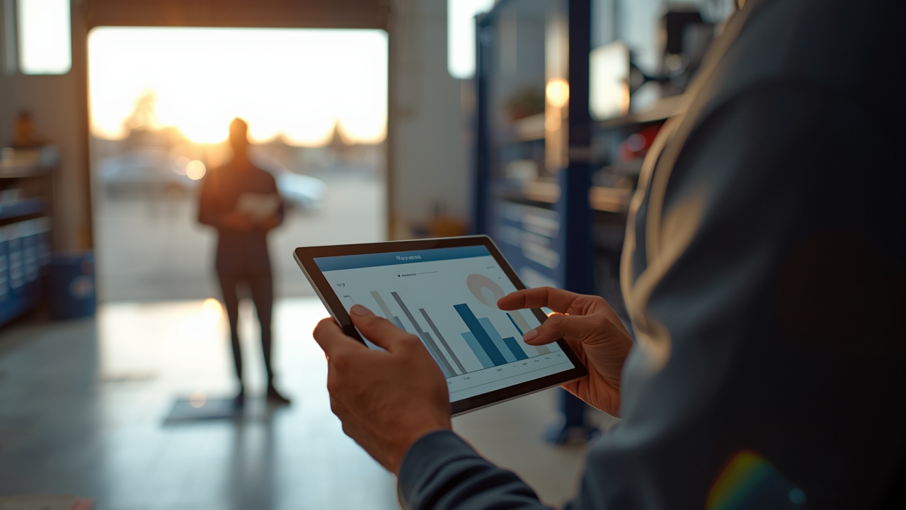 Gestor de oficina mecânica consultando gráficos de vendas do mês em tablet sobre a bancada de trabalho