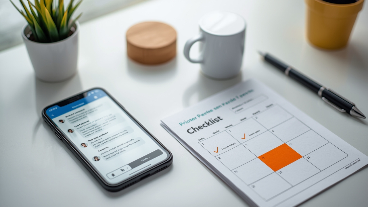 WhatsApp conversation closure concept with checklist and scheduled follow-up, editorial minimal desk scene