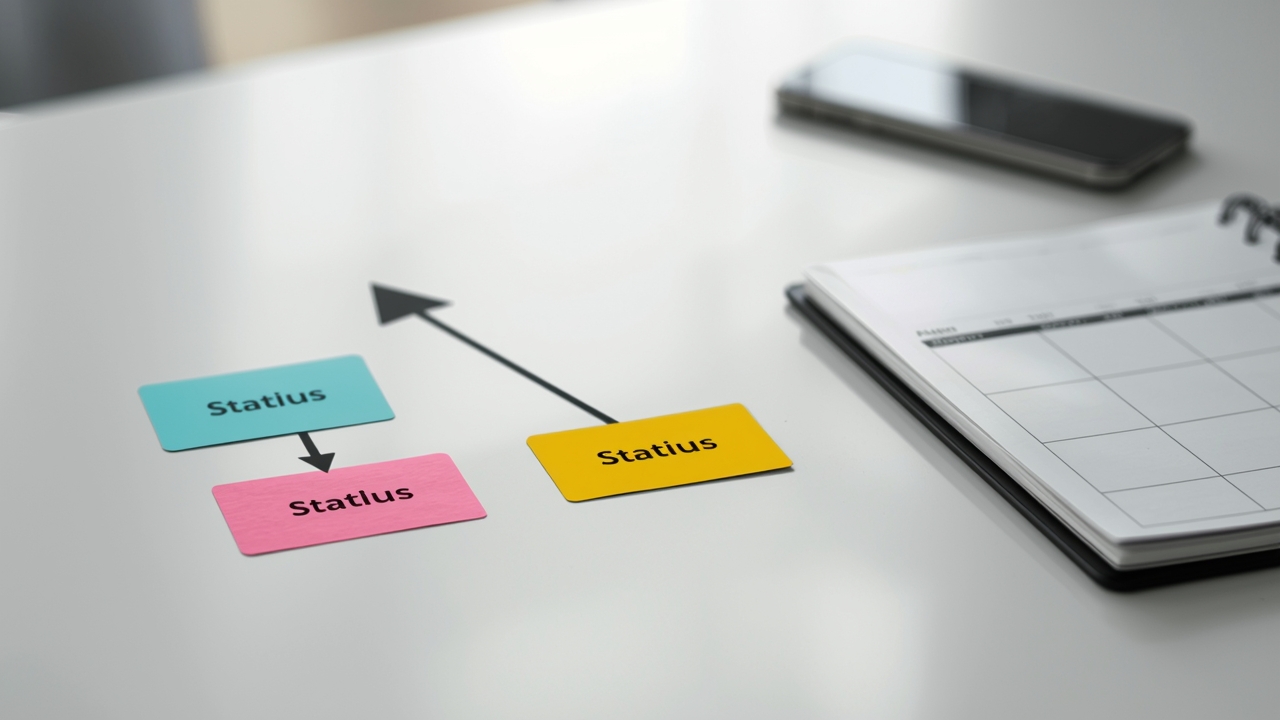 Workflow concept: status label triggers automatic task creation and follow-up timeline in a kanban-like setup